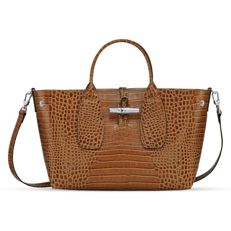 Longchamp -Cartera clásica de cuero impreso cocodrilo, Roseau Essential Camel